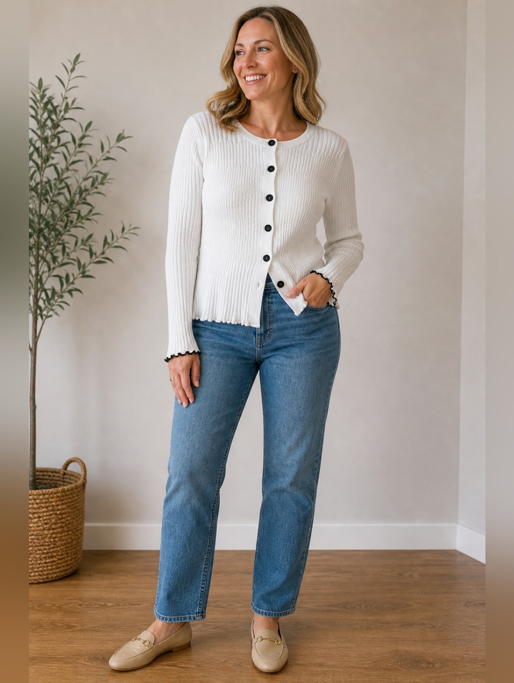 NIC+ZOE white cotton Blend black button closure ribbed Cardigan sweater plus XXL